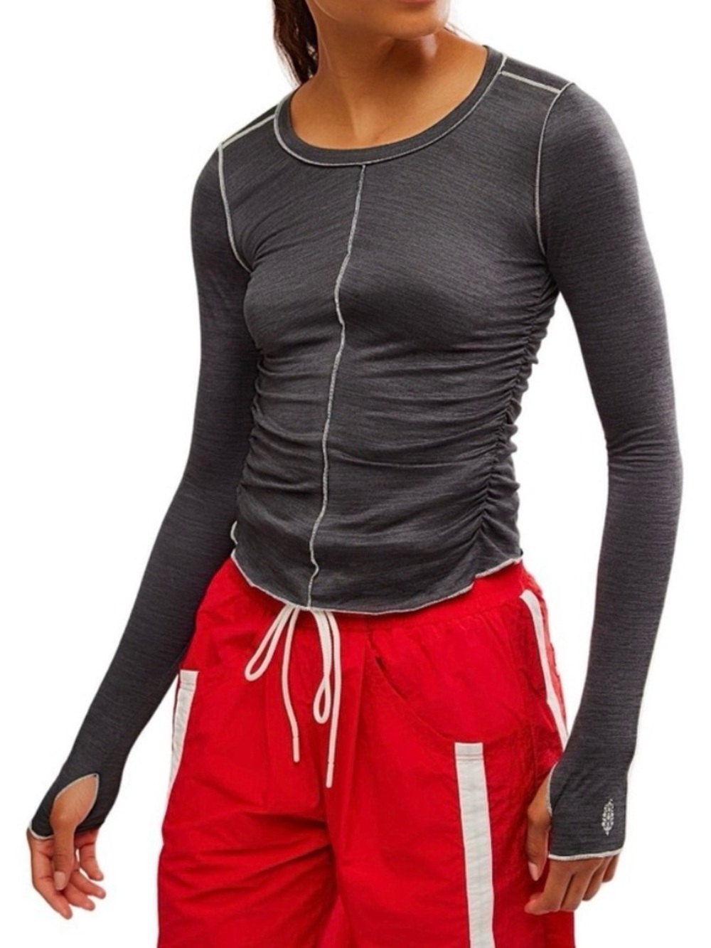 new directions Charcoal Long-Sleeve Ruched Tee with Contrast Stitching